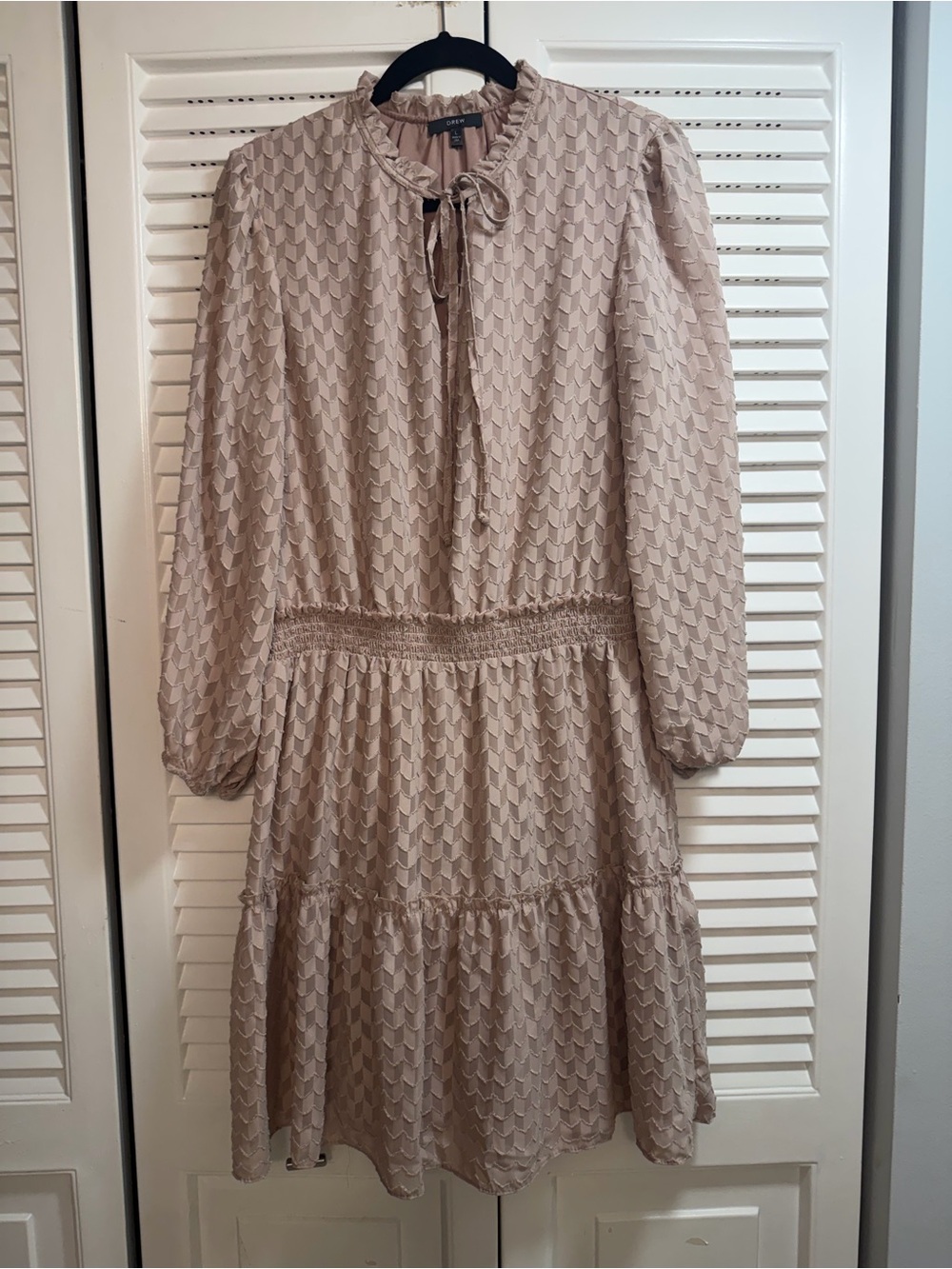 DREW Nude Long Sleeve Tie-Neck Textured Tiered Dress